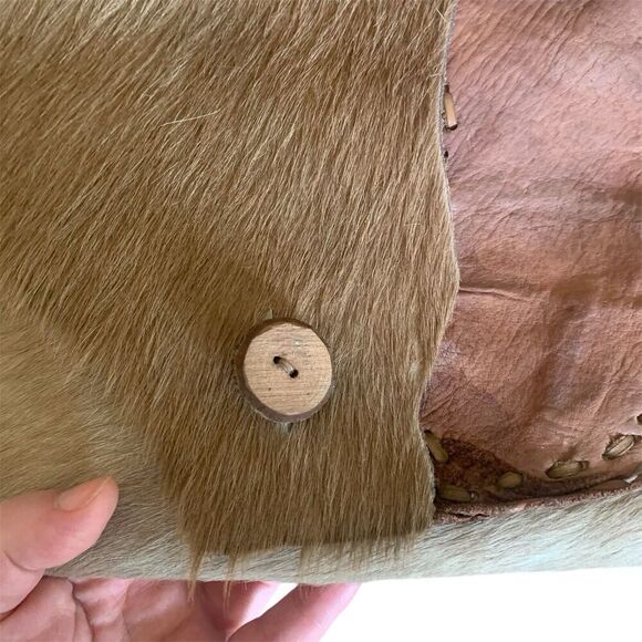 Full Grain Leather Mixed Animal Fur Shoulder Bag Tote Mexico Handmade Brown Boho - Picture 11 of 16